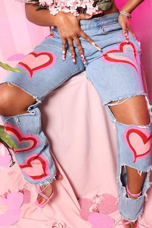 Fashion Combination – wholesale Pants – Women's – heart cutout ripped denim jeans0