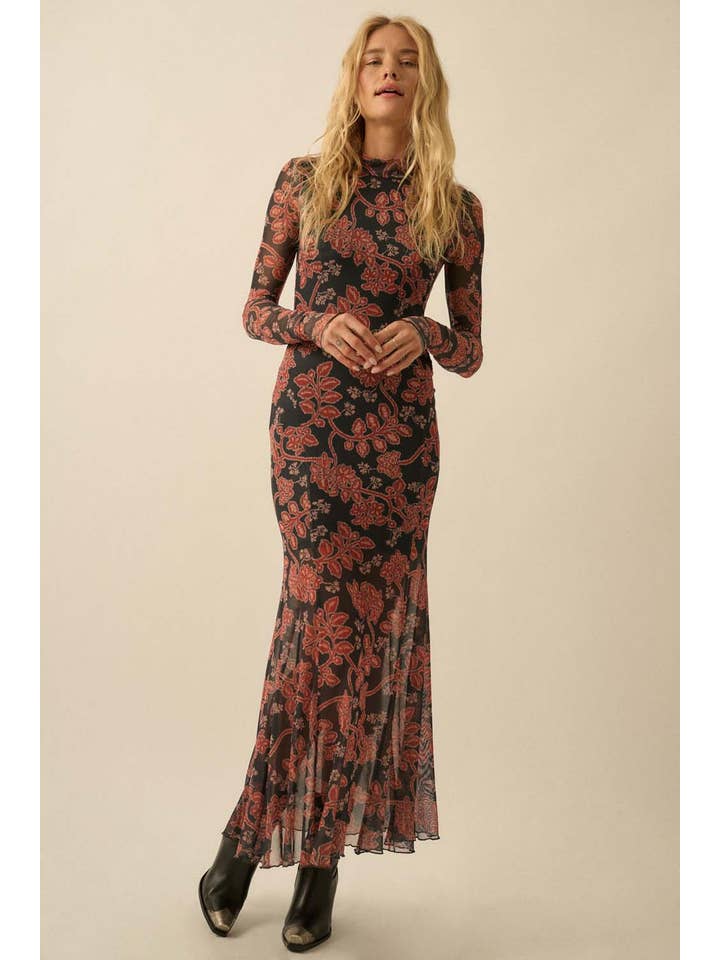 Charcoal Floral Mesh Mock-Neck Thumbhole Maxi Dress for wholesale on Faire