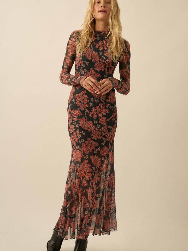 Blomstret mesh-kjole med høj hals og tommelfingerhuller for engroshandel hos Promesa USA