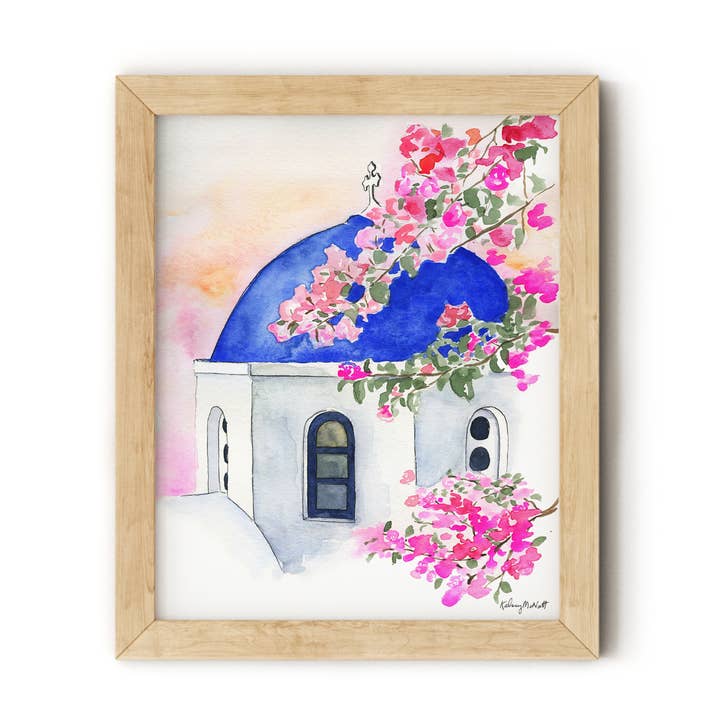 KelseyMDesigns - Vente Affiche d'art - Décoration murale aquarelle sur les dômes bleus de Santorin, Grèce, voyage0