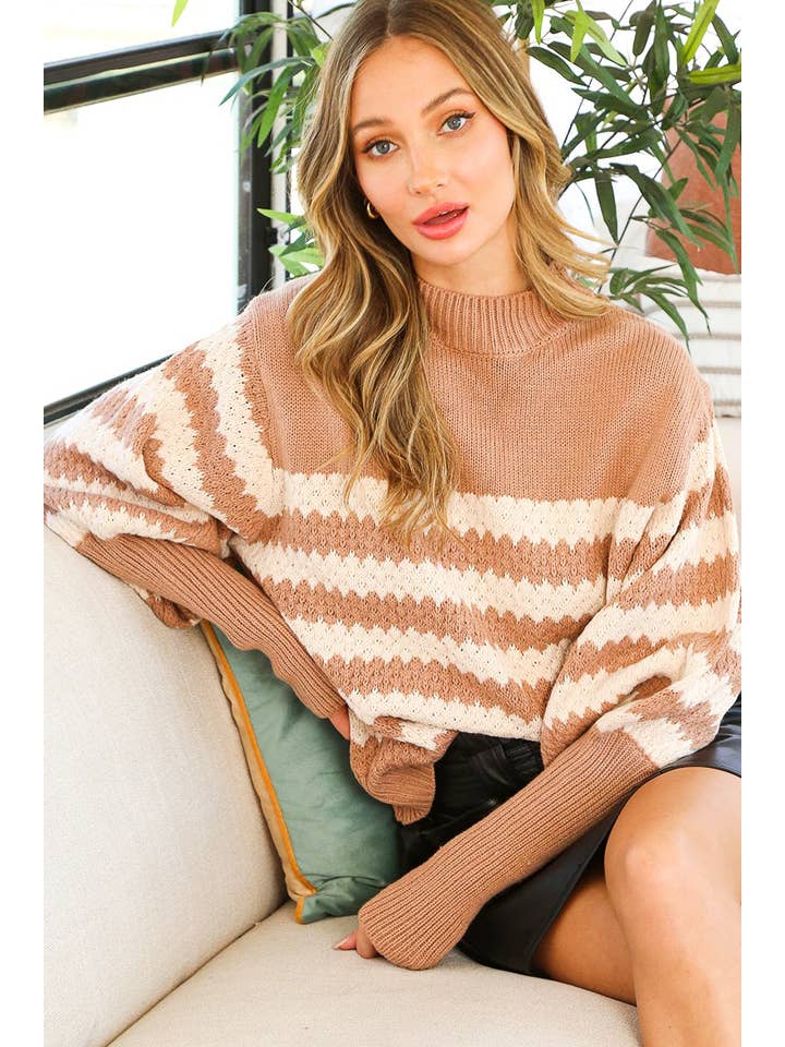 Vine & Love - Wholesale Knit Sweater - Women's - Ribbed Mock Neck Textured Striped Knitted Sweater VT7033223