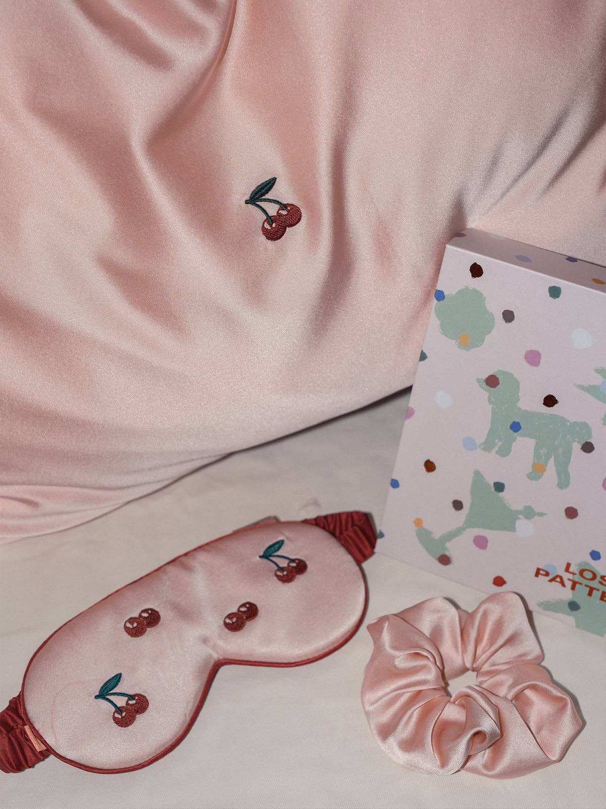 Pink "Lost Cherries" 3 Piece Silk Gift Set - Silk Pillowcase & Silk Sleep Eye Mask & Silk Scrunchie for wholesale on Faire1