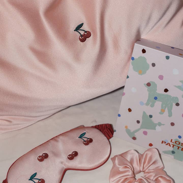 Pink "Lost Cherries" 3 Piece Silk Gift Set - Silk Pillowcase & Silk Sleep Eye Mask & Silk Scrunchie for wholesale on Faire1