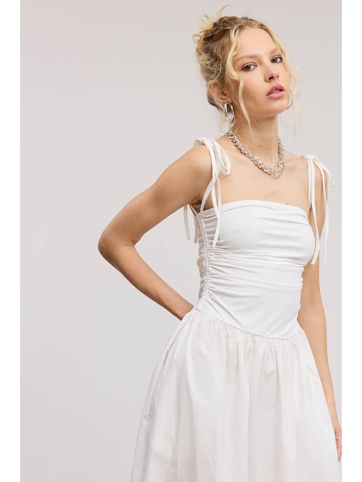 Mimosa - Vente Robe – femme - Robe midi évasée à corsage froncé avec bretelles en ruban2