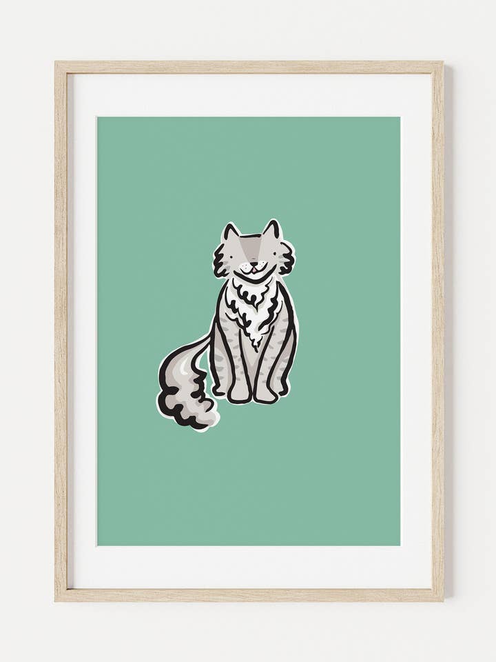 Dylan the Grey Fluffy Cat A5 Art Print for wholesale by Looksee Illustration