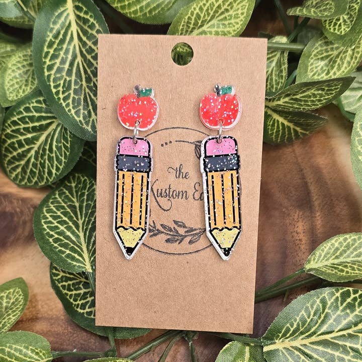 Leraar Potlood Hangoorbellen, Glanzend Acryl, Handgemaakt voor wholesale door The Kustom Edge