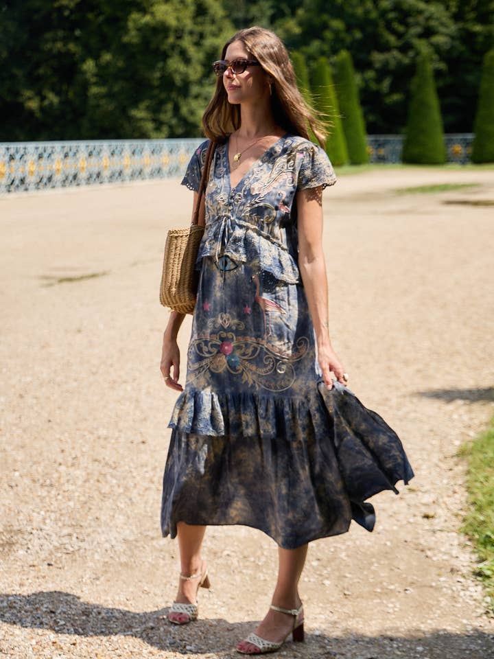 Long embroidered dress, V-neck buttoned front for wholesale by last queen