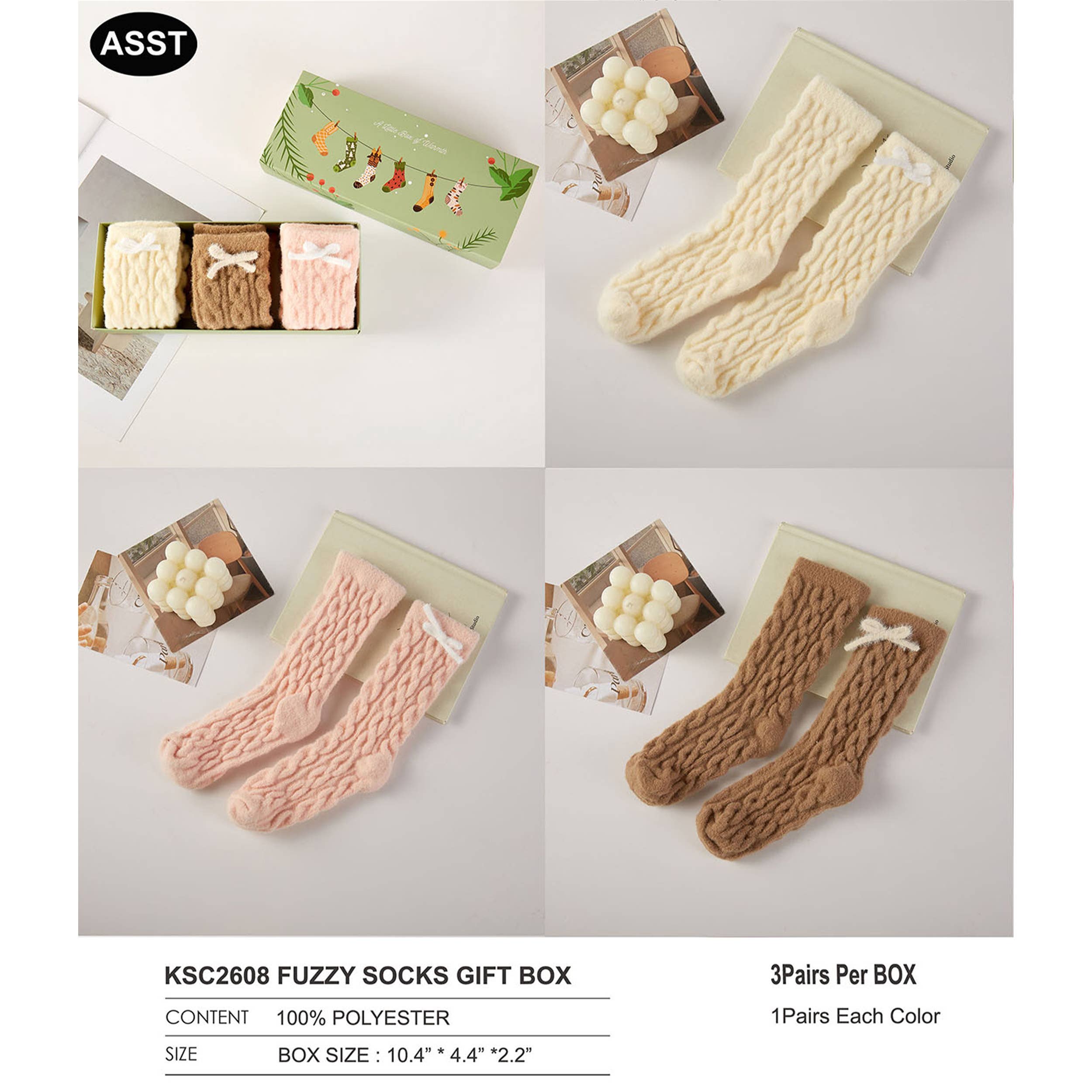 Hana - Venta al por mayor Calcetines - Mujer - Caja de regalo de calcetines de punto sólido retorcido con lazo (3 pares)6