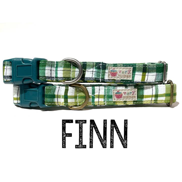 Very Vintage Designs - Wholesale Pet Collar - Cat/Dog - Finn - Green Plaid Organic Cotton Dog & Cat Collars