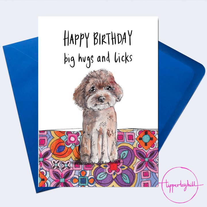 SW10 Sketchy dog card, ‘Happy Birthday big hugs and licks’ for wholesale by Tipperleyhill