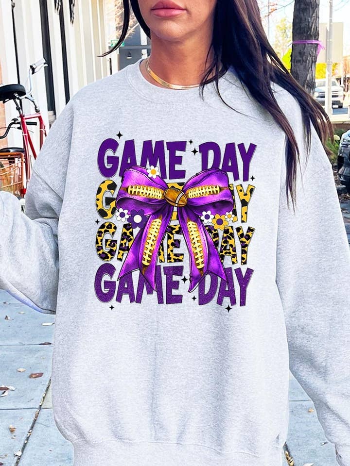 Purple Yellow Football Game Day Bow Sweatshirt for wholesale by Pink Irene Wholesale