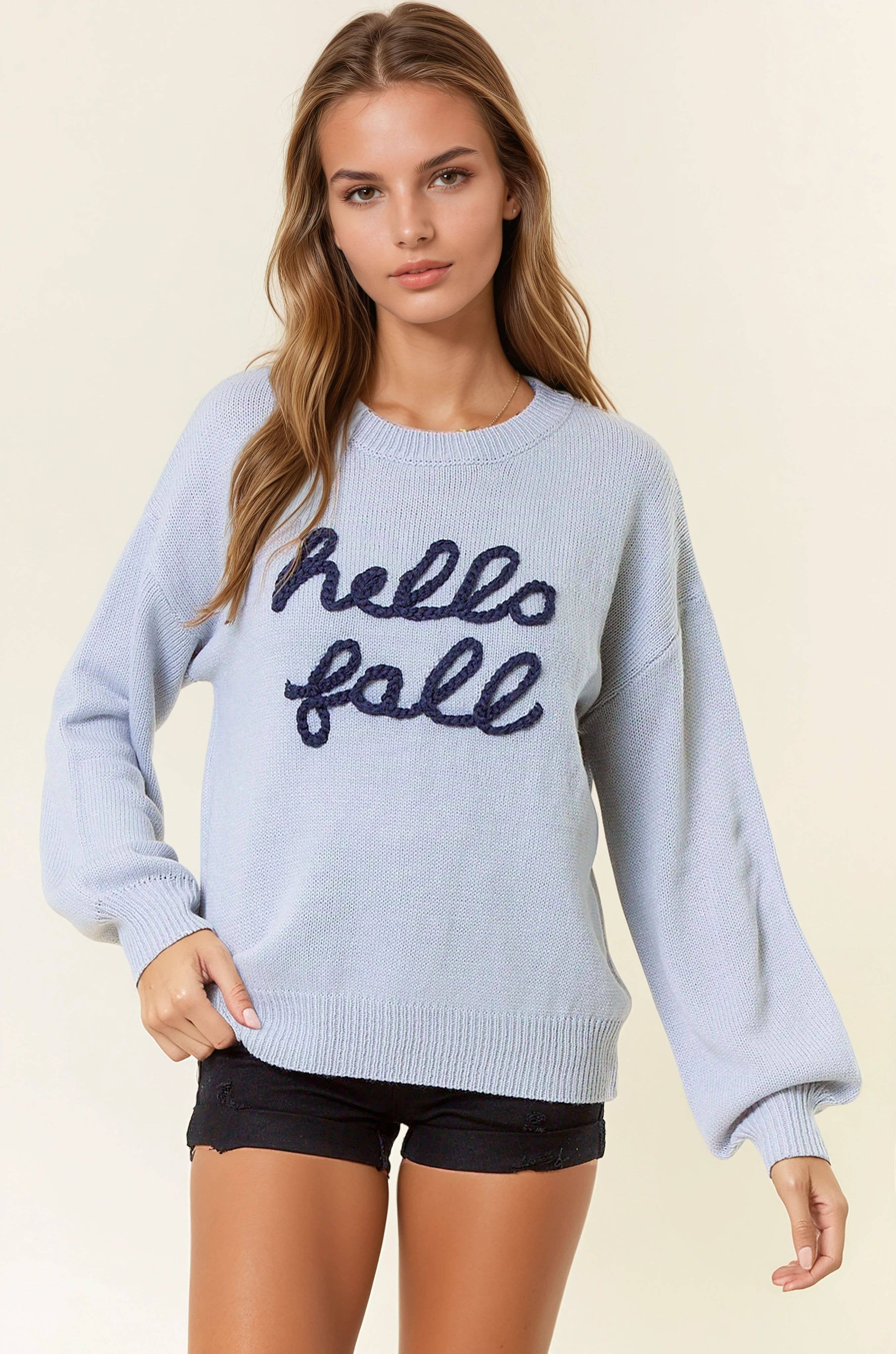 Doe and Rae - Wholesale Knit Sweater - Women's - HELLO FALL Letter Embroidered Oversize Sweater - 43995T-26