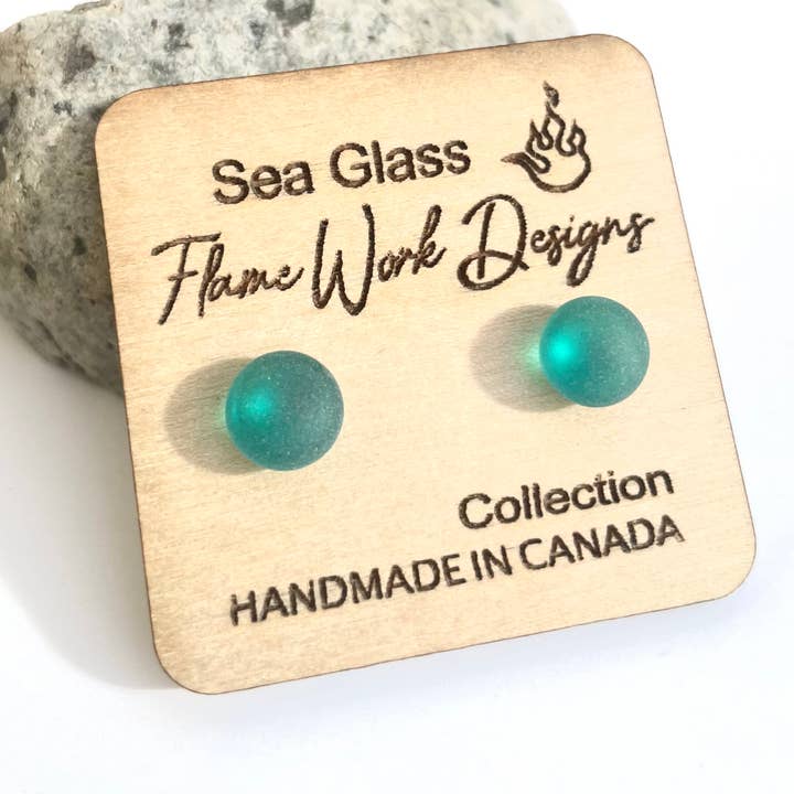 Sea Glass Jewelry - Teal Glass Stud Earrings for wholesale by Flame Work Designs - Glass Jewelry