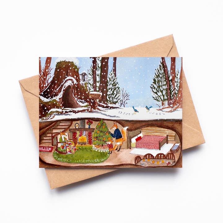 Christmas at Fox Hollow Single Blank Greeting Card for wholesale by Randi Lynn Reed Illustration
