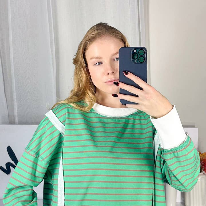 T10505 Top de Manga Comprida em Malha Listrada por atacado de White Birch