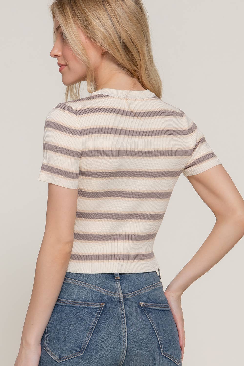 Active Basic | Active USA - Wholesale Knit Top - Women's - Short Sleeve Crew Neck Multi Stripe Spring Sweater1