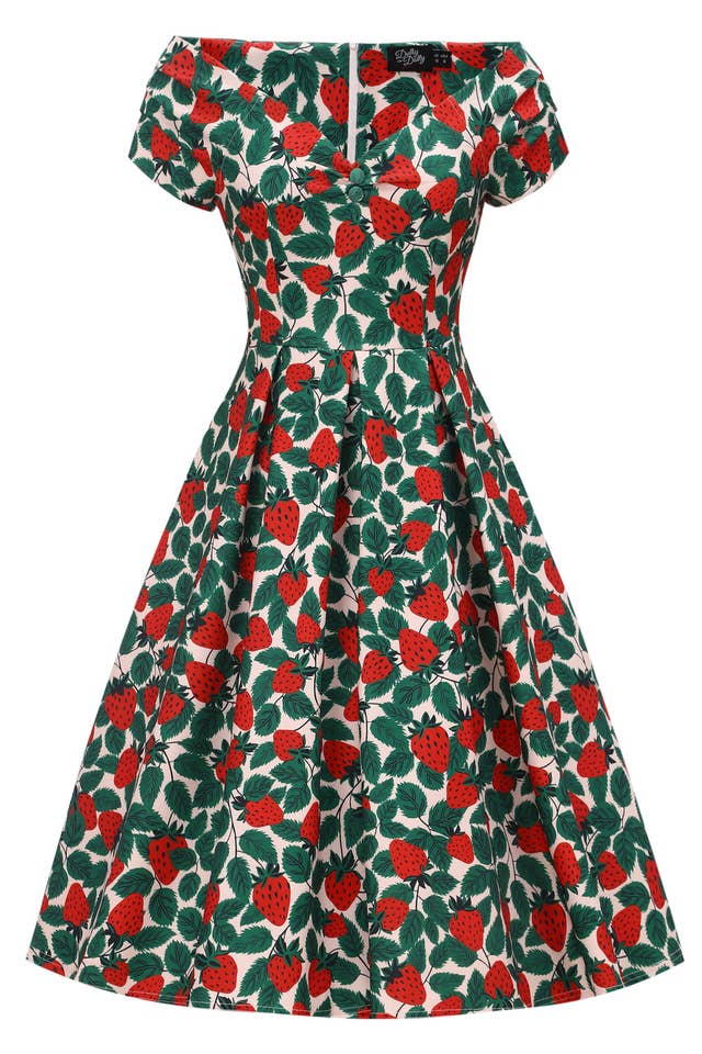 Dolly & Dotty - Venta al por mayor Vestido - Mujer - Luz Beige Claro Blanco Lirio Sin Hombros Inspirado en los Años 50 Fresa