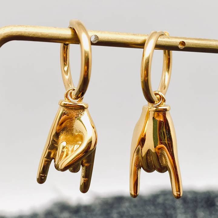 18K Gold Plated Rock & Roll Gesture Charm Huggie Earring-FGS for wholesale by Mio Queena