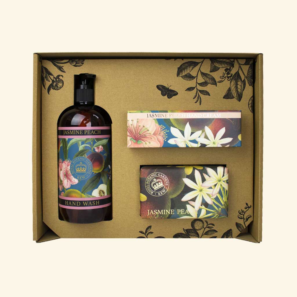 The English Soap Company - Vente Savons/lotions pour les mains - Coffret cadeau essentiel pour les soins des mains Jasmine Peach de Kew Gardens1