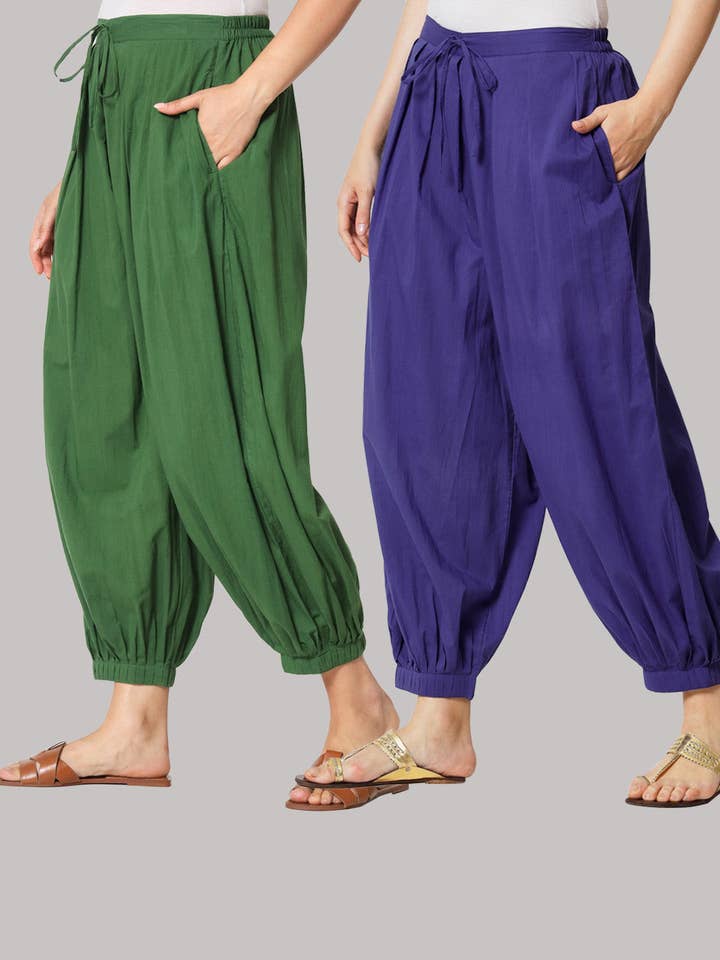 Paio di Salwar 100% Cotone - Verde Primavera & Aurora Viola per la vendita all'ingrosso da parte di Thevasa