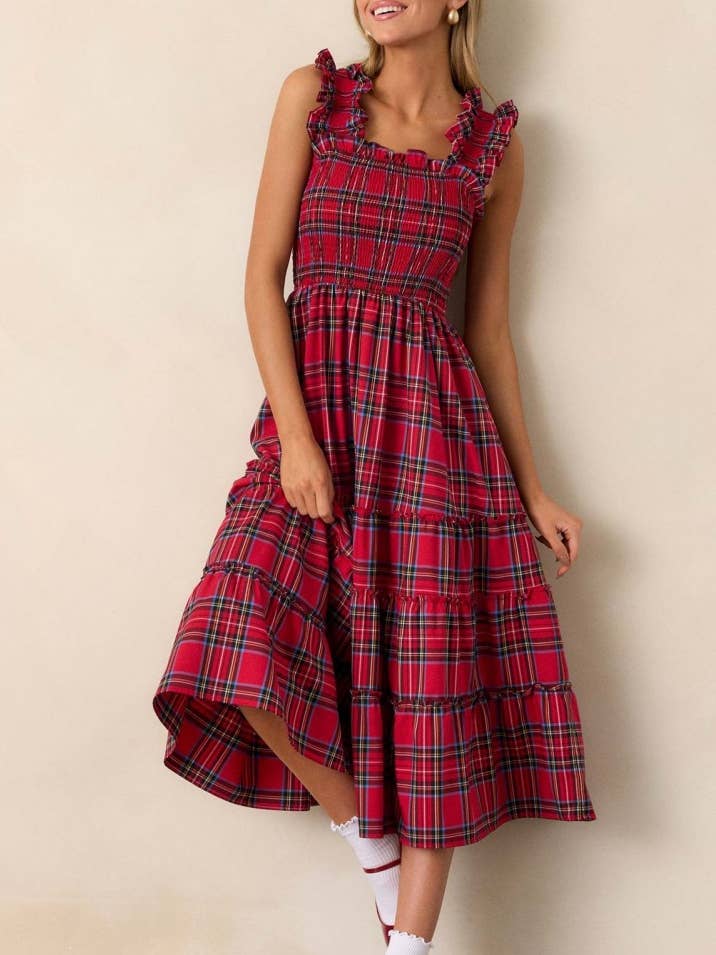 Christmas red plaid ruffle straps smocked bodice dress for wholesale by HIDDENBRAND