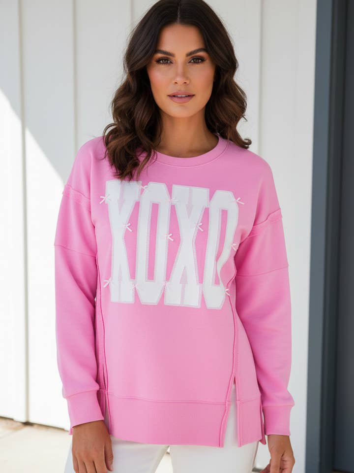 LAS Sequin XOXO Graphic Exposed Seam Baggy Sweatshirt (S-XL) for wholesale by LA Society