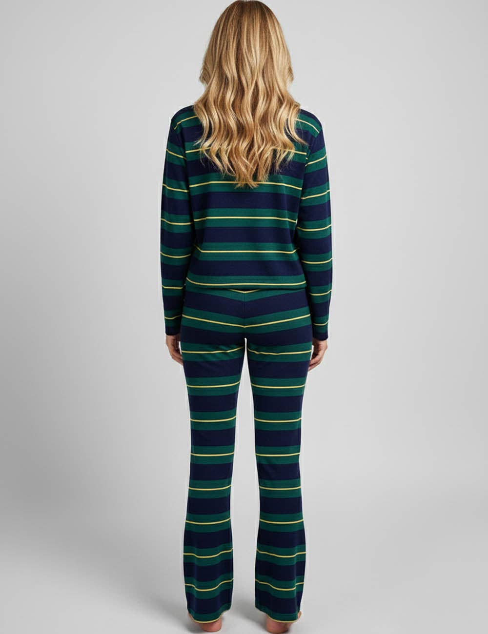 Green Ladies Striped Long Sleeves Flared Leg Top & Pants Set for wholesale on Faire2