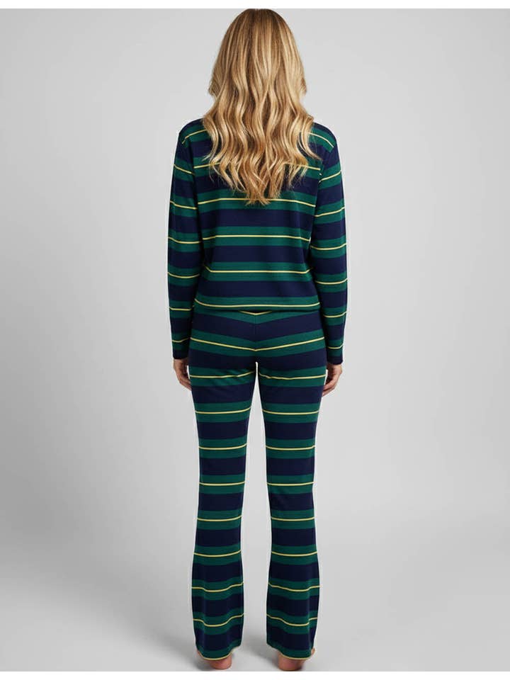Green Ladies Striped Long Sleeves Flared Leg Top & Pants Set for wholesale on Faire2