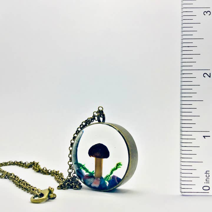 Real Mushroom Curiosity Necklace Pendant 1.25" # 684 for wholesale by Fungus Farm LLC
