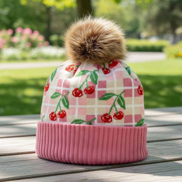 Kids Cherry Pattern Pom Knit Beanie Winter Hat for wholesale by Northern Icons Creations INC
