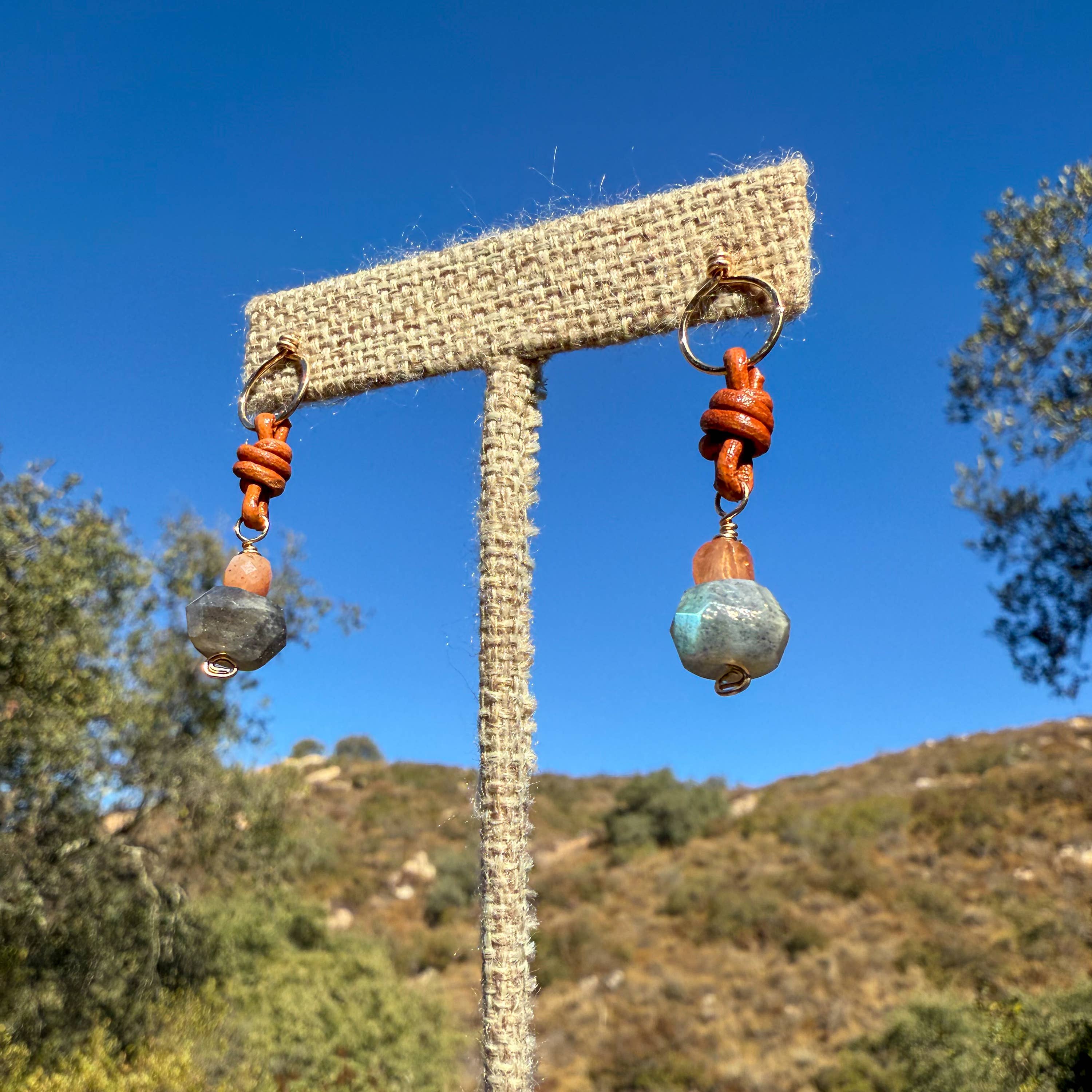 The Stitch Alliance - Wholesale Dangle Earrings - Labradorite & Sunstone Drop Earrings 14k Gold Fill Leather5