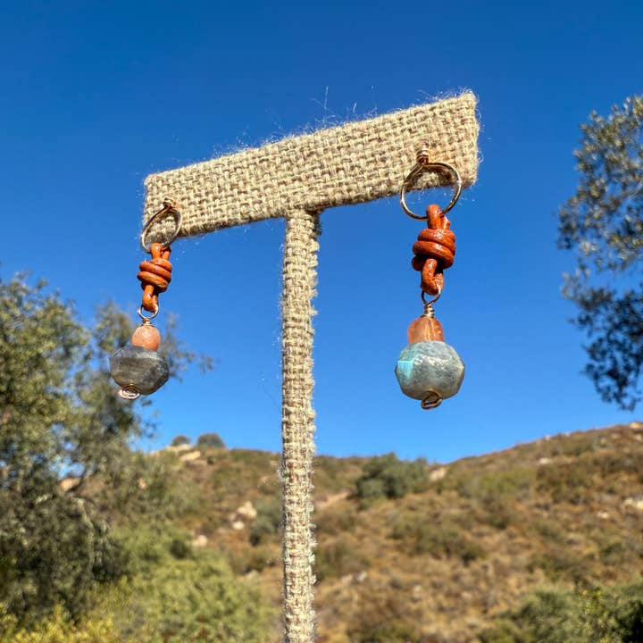 The Stitch Alliance - Wholesale Dangle Earrings - Labradorite & Sunstone Drop Earrings 14k Gold Fill Leather5