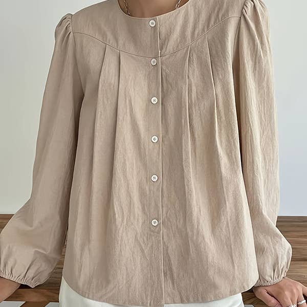 Loose Puff Sleeves Pleated Split-Joint Round-Neck Blouses&Shirts Tops for wholesale by Sheer Trend