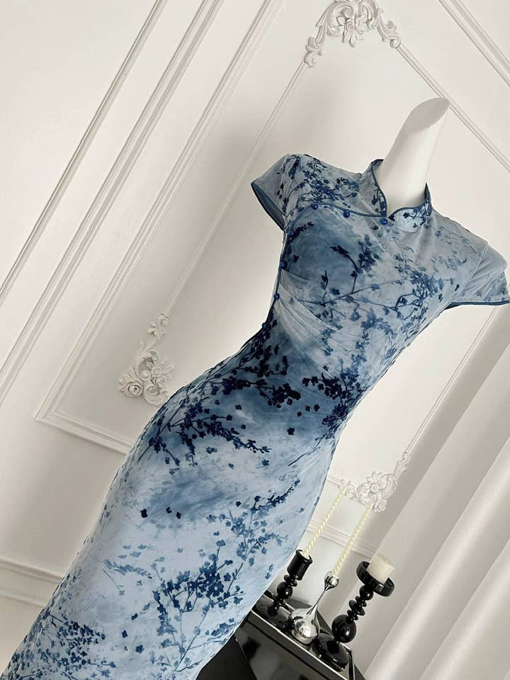 bleu Robe ombrée inspirée du qipao chinois pour femmes en vente sur Faire2