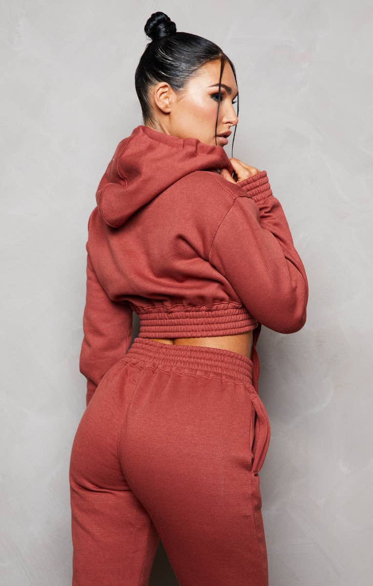 Femme Luxe – wholesale Lounge set – Women's – Rust Long Sleeve Crop Hoodie High Waisted Joggers Shirred Detail Fleece Loungewear Set - Costella3