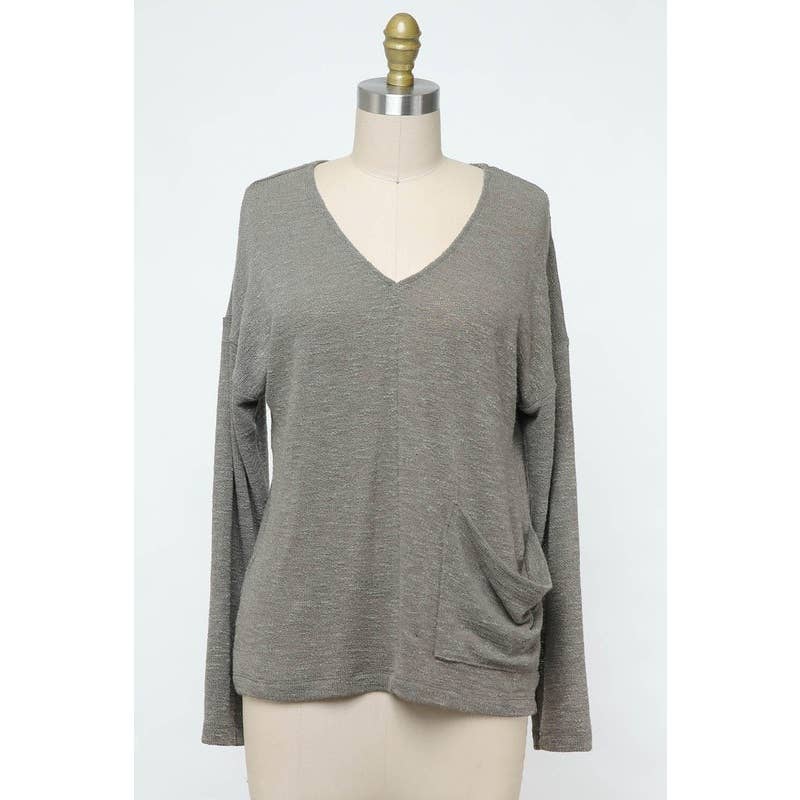 GRIGIO OLIVA Top lavorato a maglia con scollo a V e spalle scese in vendita all'ingrosso su Faire4