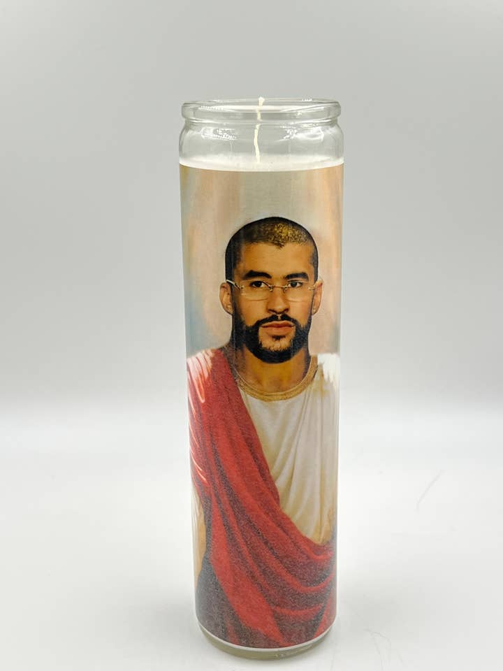 Bad Bunny celebrity prayer candle for wholesale by Rustbelt Cooperative