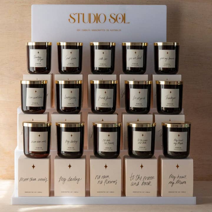 Studio Sol Store - Wholesale Retailer Display - Home & Living - Classic Sentiment Candle Pack + Display Stand