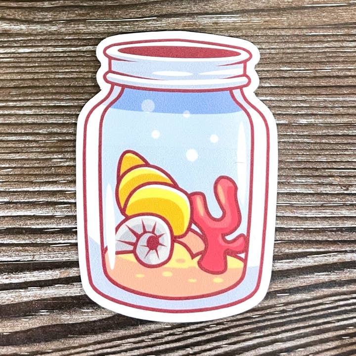 Snäckskal i en glasburk, utskuren vinylklistermärke, boho-kul, vattenresistent, havsvatten | Klistermärke eller magnet för wholesale av Handmade by Marlayna