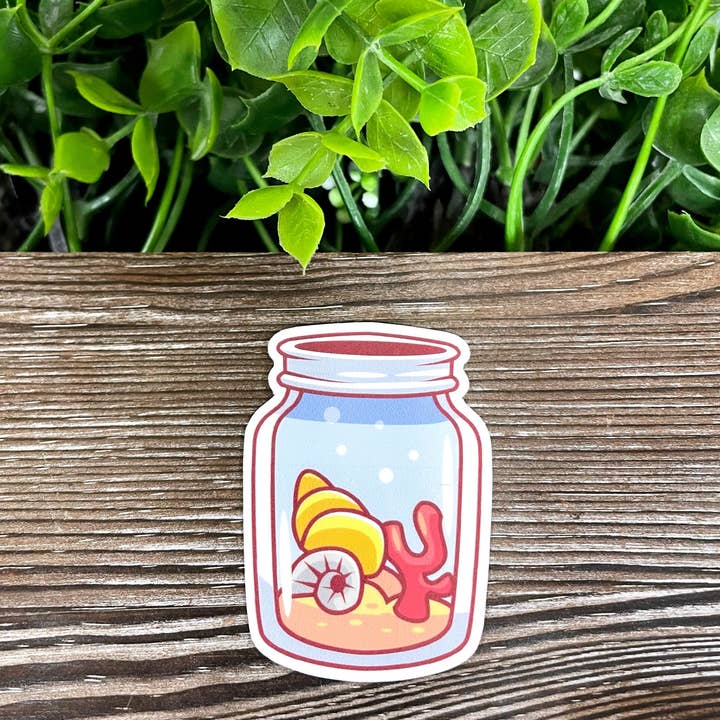 Seashells in a Mason Jar, Die Cut Vinyl Sticker, Boho Fun, Water Resistant, Ocean Water |Sticker or Magnet for wholesale by Handmade by Marlayna