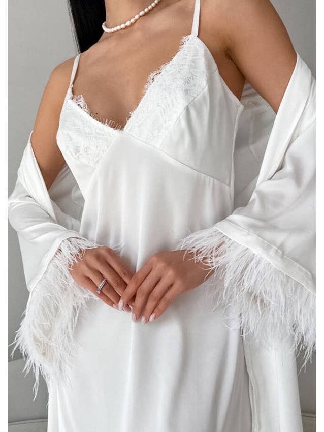 White Feather-Trim Satin Robe and Nightgown Set for wholesale on Faire