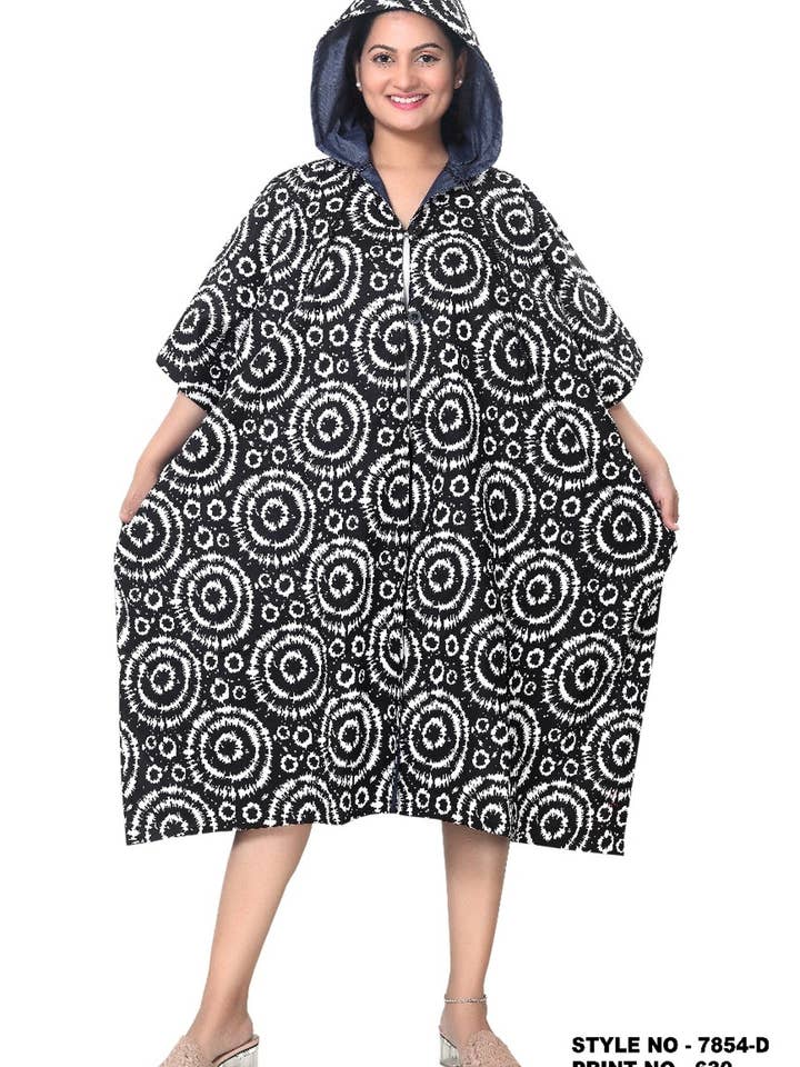 7854D 100% Cotton Denim Pattern Poncho With Hoodie for wholesale by KaraChic