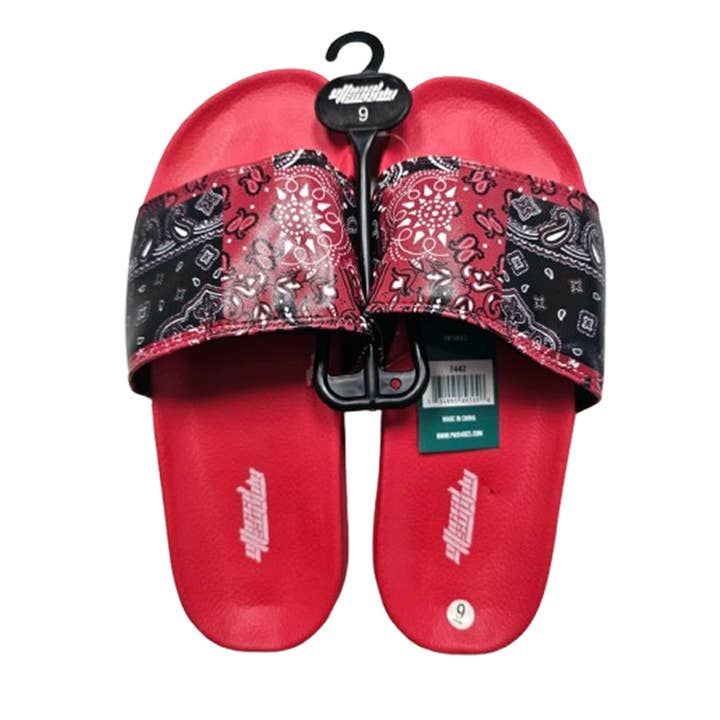 Men’s Red Bandana Slides, Fashion Sandals Size 8–13 for wholesale by Crover