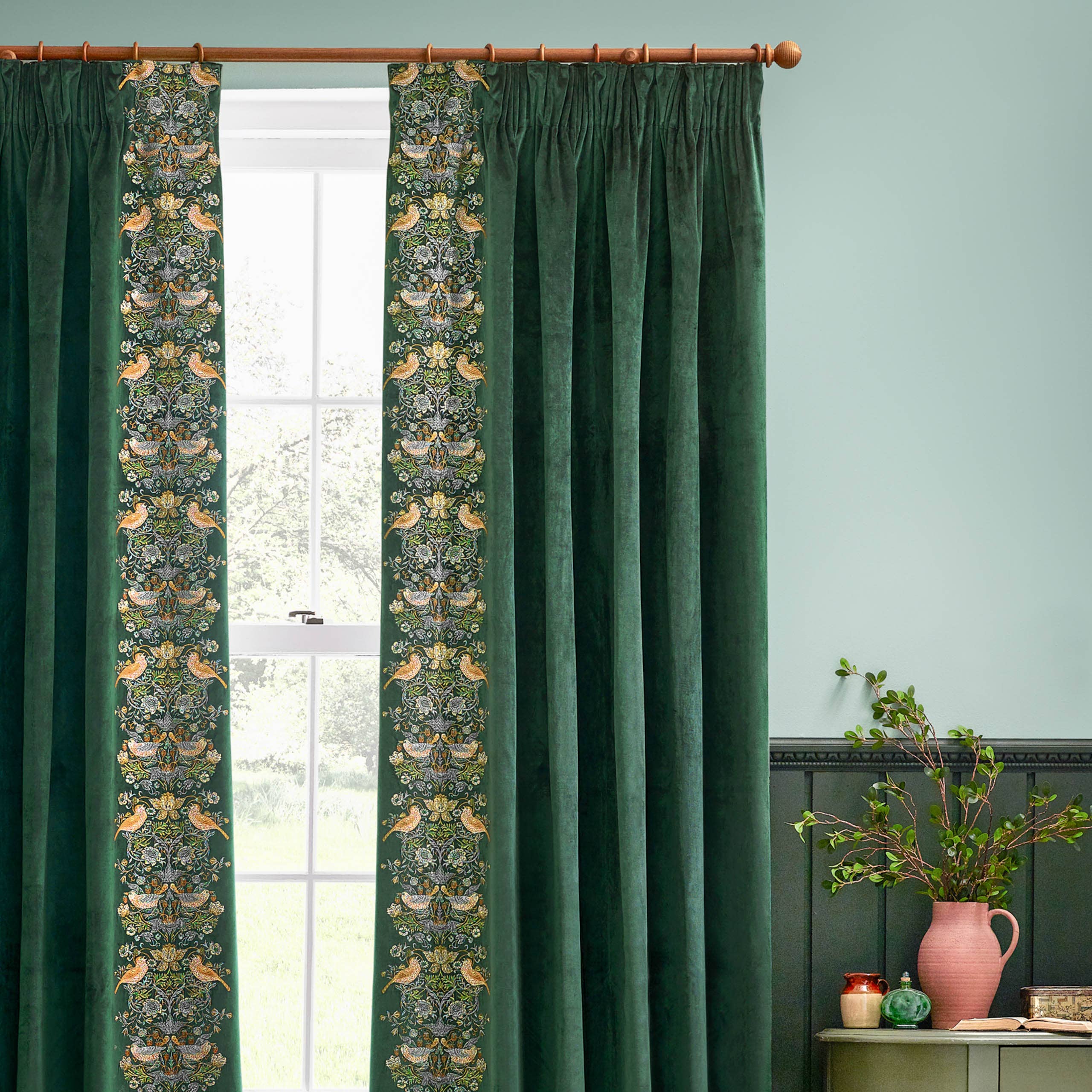 Strawberry Thief Velvet Pencil Pleat Curtains Forest Green for wholesale on Faire2