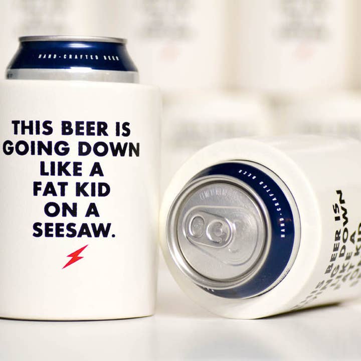 Meriwether - Wholesale Drink Huggers & Koozies - Fat kid on a seesaw... Vintage Beer Koozie. Case Pack of 121