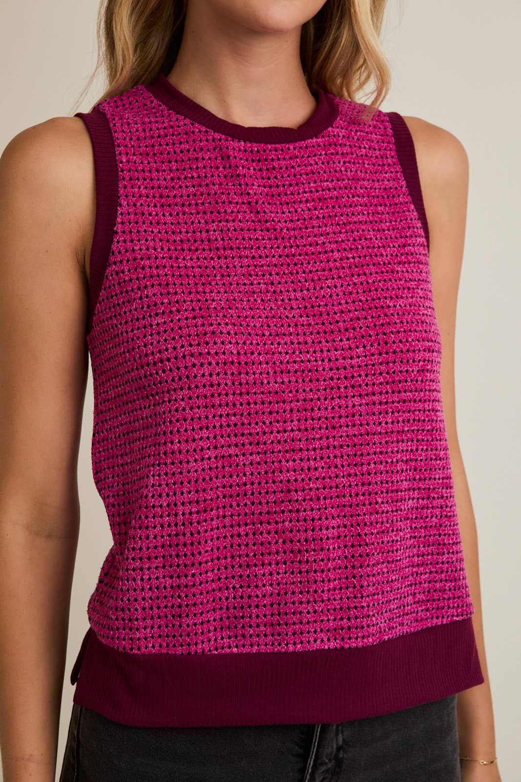 MAGENTA BURGUNDY ROUND NECK SLEEVELESS CONTRAST DETAIL TOP for wholesale on Faire5