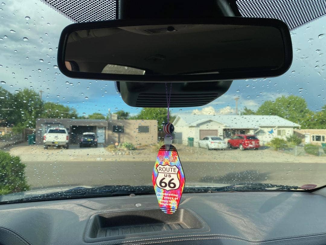 DK LaserWorx - Wholesale Car Decorative Charm - Unisex - Rear View Mirror Charm Route 66 Design of Tye Dye With Route 66 Shield in the Center