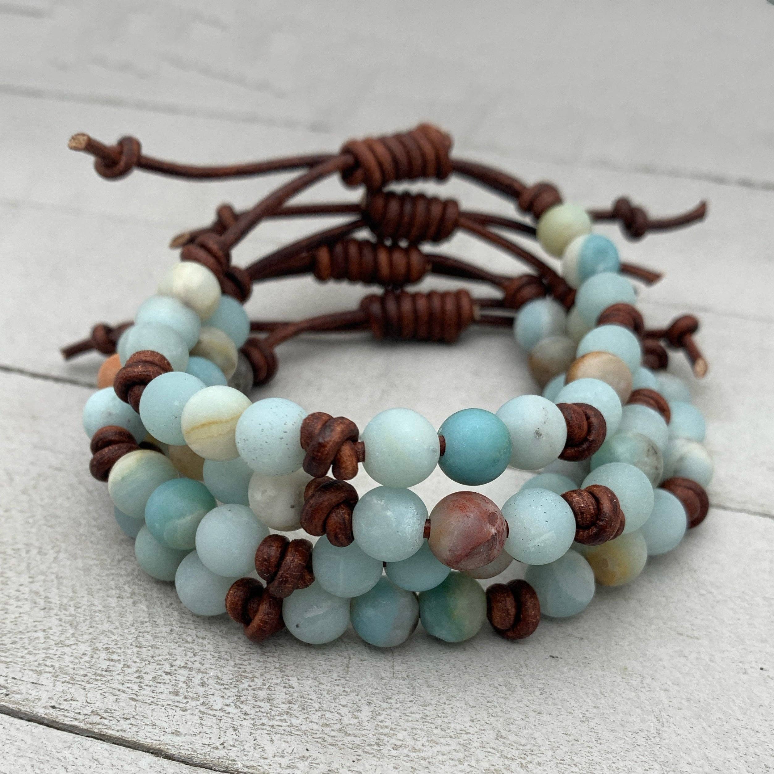 Sunlight Silver Jewelry - Vendita all'ingrosso Bracciale con perline - Gancio in pelle marrone rustica con pietra preziosa amazzonite multicolore9