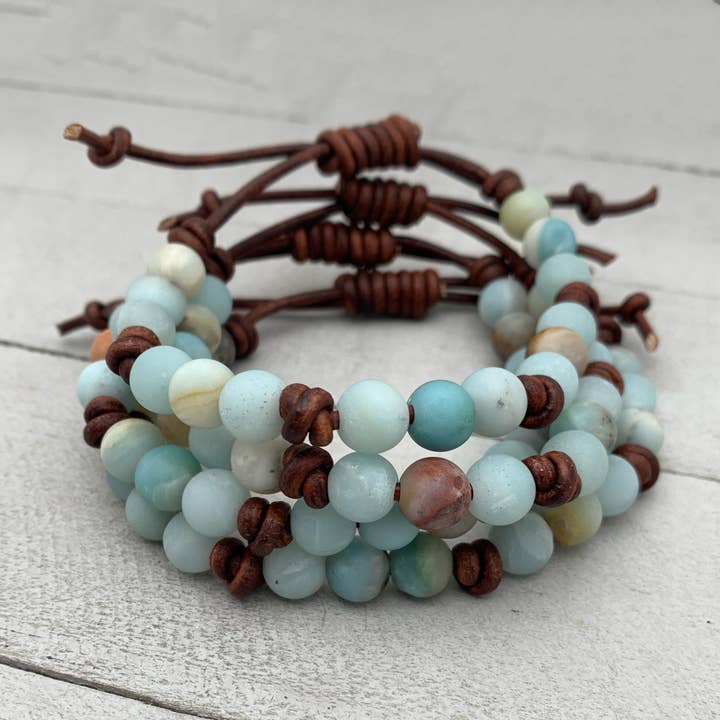 Sunlight Silver Jewelry - Vendita all'ingrosso Bracciale con perline - Gancio in pelle marrone rustica con pietra preziosa amazzonite multicolore9