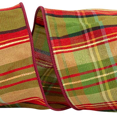 Plaid Cranberry Metallic Stripe Wired Edge, Scarlet, 4 In for wholesale by RELIANT RIBBON